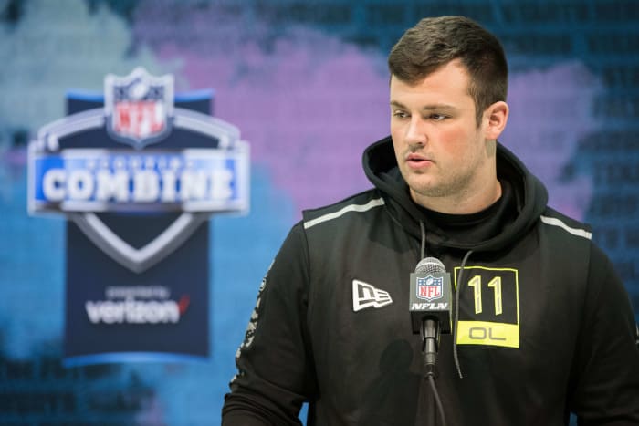 Feb 26, 2020; Indianapolis, Indiana, USA; Boise State offensive lineman Ezra Cleveland (OL11) speaks to the media during the 2020 NFL Combine in the Indianapolis Convention Center.
